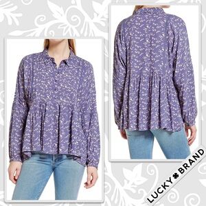 Lucky Brand Floral Long Sleeve Blouse in Blue Multi Cornflower Blue, Red, Cream